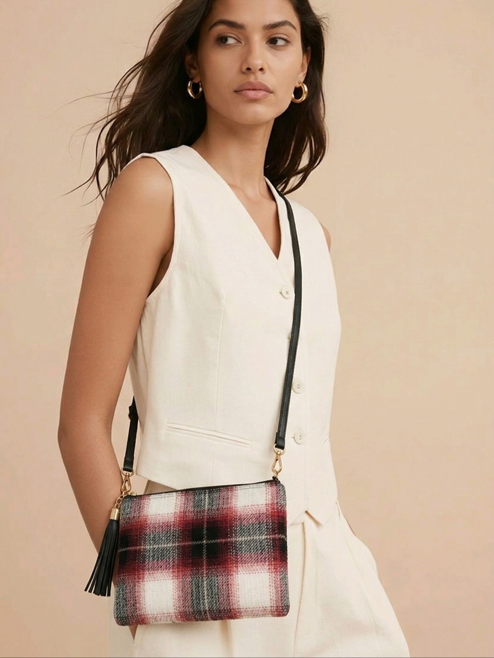 LIB| New! Red, White, and Black Plaid Fabric Wristlet / Clutch/ Crossbody Bag